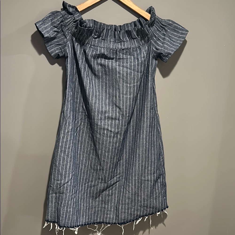 Maternal America Blue and White Ruffled Off-the-Shoulder Sheath Dress